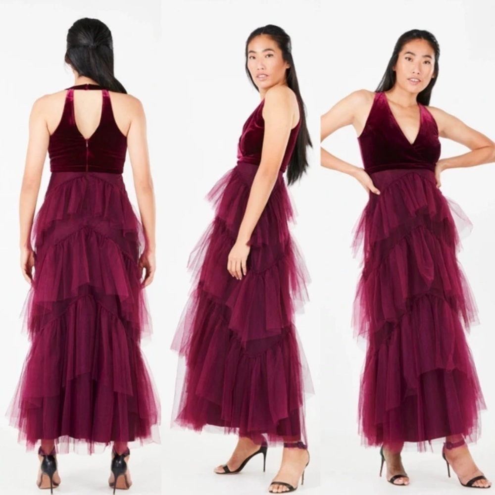 Revolve BCBGMAXAZRIA Velvet Tull Tired Fit & Flare Long Dress Gown Size M